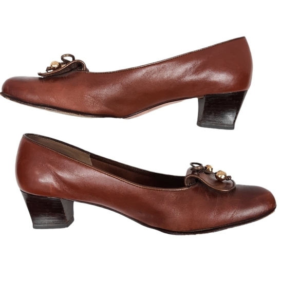 Salvatore Ferragamo Chestnut Leather Loafer Pumps Bow Tie Size 8 Women's - Picture 8 of 13